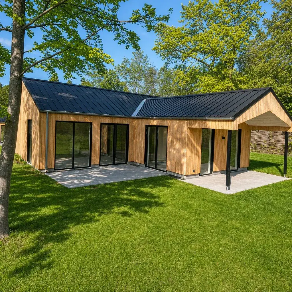 Facade of a newly built holiday home at Esrumhusene